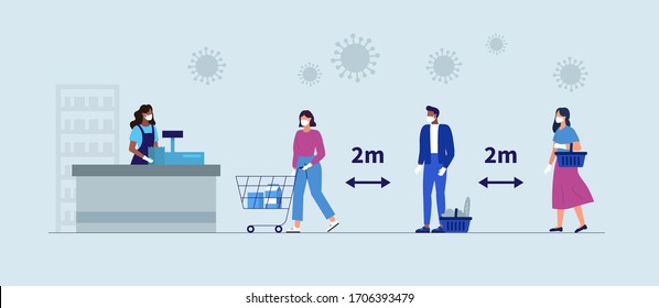 Supermarket queue. Grocery shopping during Coronavirus Quarantine. Vector