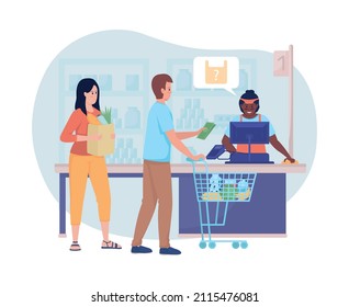 Cola de supermercados en caja 2D vector ilustración aislada. Gente comprando comida en una tienda de personajes llanos sobre fondo de caricatura. Situación cotidiana y tareas comunes coloridas escena