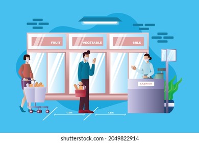 Cola De Supermercados Con Distancia De Seguridad - Ilustración De Actividad