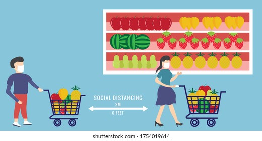 Supermarket queue with safety distance. Store with limited number of persons. Social distancing concept illustration. Covid-19 social distance. People using face mask and social distancing.