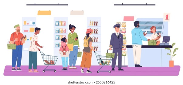 Cola del supermercado. Consumidores cansados en la fila que espera a la vendedora o al Completar compra del cajero en el mostrador de la tienda de comestibles, compra del producto de los Clientes de pie, Ilustración vectorial elegante de las compras