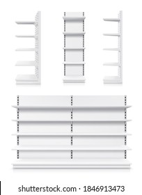 Supermarktregale, Vektorschränke für weiße Ladenregale. Leeres Schaufenster für den Laden, Bücherregale aus Metall. Shopping Merchandise-Markt mit Vorder- und Seitenansicht, realistisches 3D-Einzelmodell