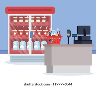 supermarket refrigerator with products and sale point