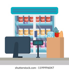 supermarket refrigerator with products and sale point