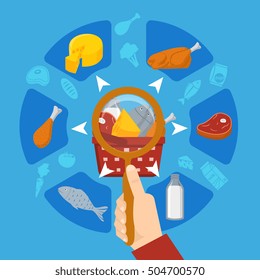 Supermarket round composition with hand lens navigation basket food symbols cheese meat fish milk blue background flat vector illustration