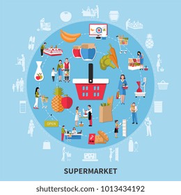 Supermarket round composition on blue background with seller, customers, equipment, food products, goods with discount vector illustration