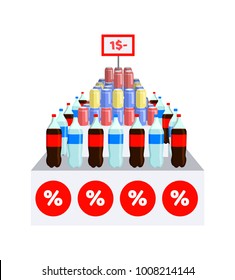 Supermarket sale on water, plastic bottles with liquid and beverages, offer and clearance, items with labels, vector illustration isolated on white