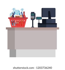 supermarket sale point with basket and groceries