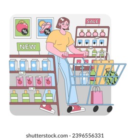 Supermarket Savvy Shopper. Woman excitedly fills her cart in an aisle bursting with promotions, from fresh produce to bottled delights. Grocery spree, savings abound. Flat vector illustration