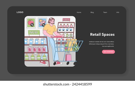 Supermarket Savvy Shopper. Woman excitedly fills her cart in an aisle bursting with promotions, from fresh produce to bottled delights. Grocery spree, savings abound. Flat vector illustration