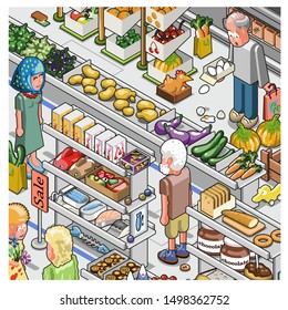 Supermarket scene with customers in various isles filled with groceries (vector illustration, isometric style)