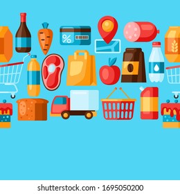 Supermarket seamless pattern with food icons. Grocery illustration in flat style.