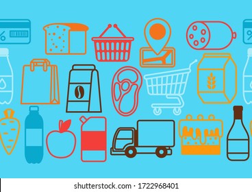 Supermarket seamless pattern with food icons. Grocery illustration in flat style.