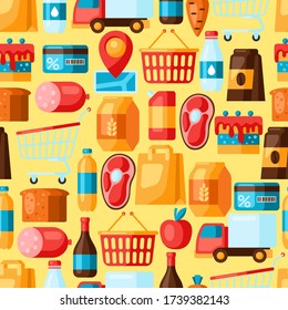 Supermarket seamless pattern with food icons. Grocery illustration in flat style.