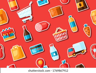 Supermarket seamless pattern with food stickers. Grocery illustration in flat style.