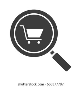 Supermarket search glyph icon. Silhouette symbol. Magnifying glass with shopping cart. Negative space. Vector isolated illustration