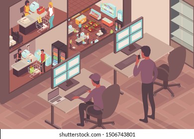 Supermarket security background with guards watching visitors of store on monitor screen isometric vector illustration