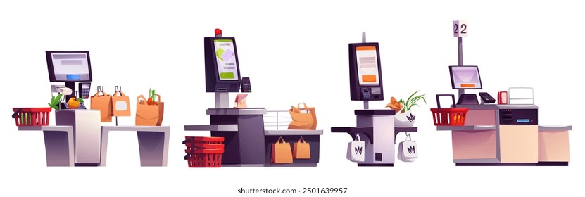 Supermarkt selbst Kasse Service Kiosk mit Bildschirm und Scanner, Pos-Terminal für die Zahlung, Lebensmittel-Lebensmittelgeschäft in Korb und Taschen. Cartoon-Vektorgrafik eines elektronischen Systems für einen unbemannten Kassentisch.