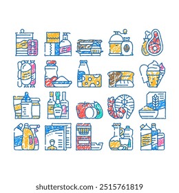 supermarket selling department doodle icons set vector. sketch line art bakery and dessert, preserves and canned food, meat and seafood, domestic chemical liquid and product contour illustrations