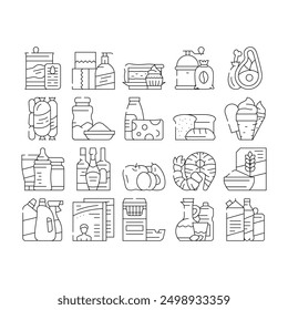 Supermarket Selling Department Icons Set Vector. Bakery And Dessert, Preserves And Canned Food, Meat And Seafood, Domestic Chemical Liquid And Detergent Supermarket Product Contour Illustrations