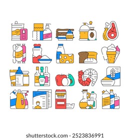 Supermarket Selling Department Icons Set Vector. Bakery And Dessert, Preserves And Canned Food, Meat And Seafood, Domestic Chemical Liquid And Detergent Supermarket Product Contour Illustrations