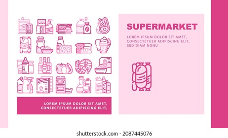 Supermarket Selling Department Landing Web Page Header Banner Template Vector Bakery And Dessert, Preserves And Canned Food, Meat And Seafood, Domestic Chemical Liquid And Detergent Illustration