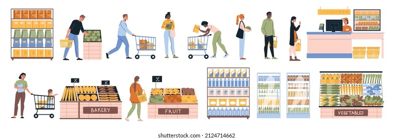 Supermarket set with isolated icons of self service food store display cabinets shelves and buyers carts vector illustration