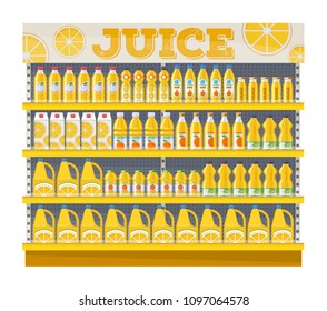 Supermarket shelf display with orange juice. Grocery shop. Retail store template.