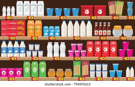 Supermarket, Shelf With Food And Drinks Package Boxes. Price Tag On Racks. Illustration With Flat And Solid Color Design.