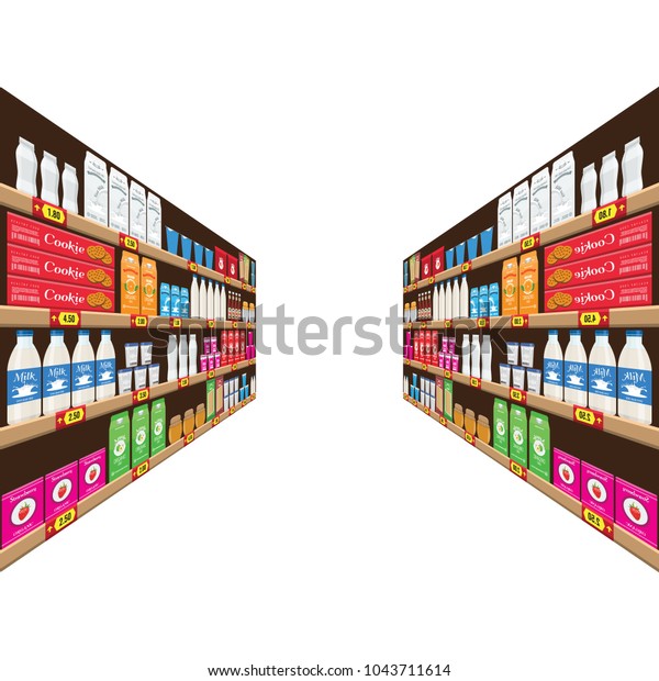 Supermarket Shelf Food Drinks Package Boxes Stock Vector Royalty Free Shutterstock