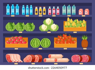 Supermarket shelf with food market store grocery shop empty interior concept. Vector graphic design illustration