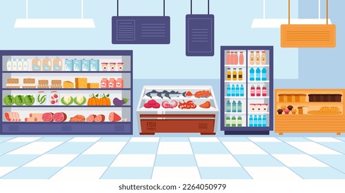 Supermarket shelf with food market store grocery shop empty interior concept. Vector graphic design illustration