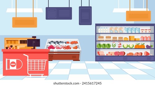 Supermarket shelf with food market store grocery shop empty interior concept. Vector graphic design illustration