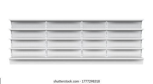 Supermarket shelf. Isolated empty supermarket store showcase shelf icon. Realistic blank grey metal retail shop display perforated shelf. Vector market and business concept