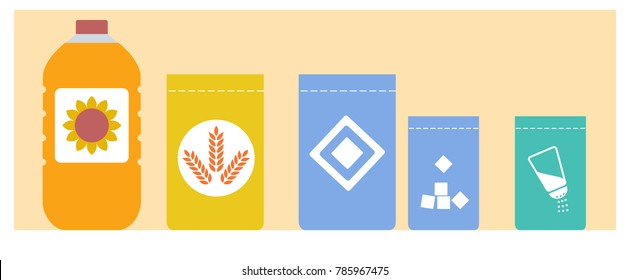 Supermarket shelf with oil, flour, sugar, salt. Grocery store banner or background.