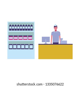 supermarket shelf with products and cashier