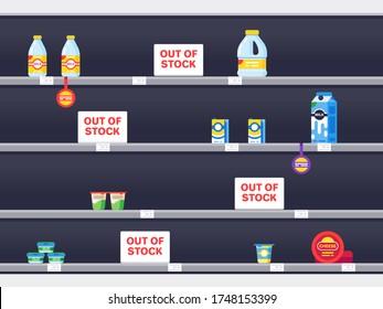 Supermarket Shelf With Sold Out Products. Supermarket Interior With Empty Shelf, Market Store Grocery, Retail Vector Illustration In Period Epidemic