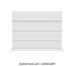 Supermarket shelf. Shelf of store. Empty stand retail shelves of shop. Blank mockup in front view for store and market. 3d showcase for product. Vector.