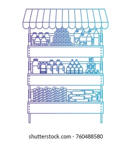 supermarket shelf with sunshade and foods and beverages in degraded purple to blue color contour