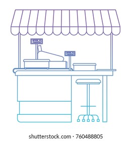 supermarket shelf with weighing machine and cash register point with sunshade in degraded purple to blue color contour