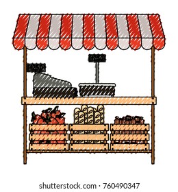 supermarket shelf with weighing machine and cash register and sunshade with foods in colored crayon silhouette