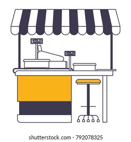 supermarket shelf with weighing machine and cash register point with sunshade in color sections silhouette