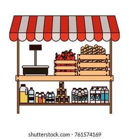 supermarket shelf with weighing machine and sunshade with foods and beverages in colorful silhouette with thin black contour