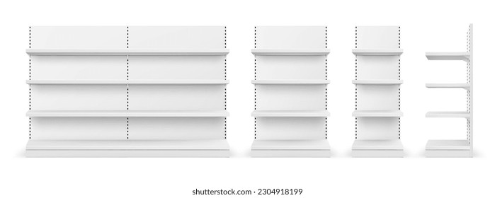 Supermarket shelf. White retail shop product shelves and racks. Empty store showcase display for grocery items, packaged foods, beverages, snacks, household essentials, 3d vector realistic mockup