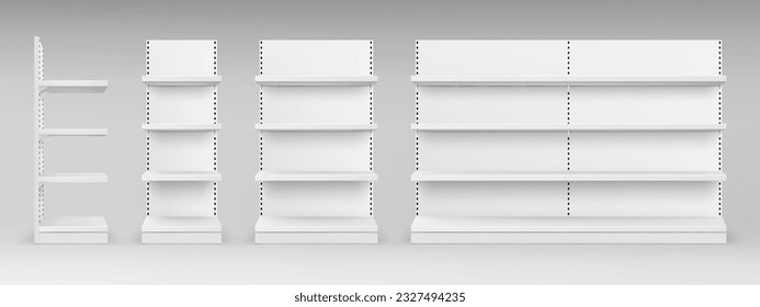 Supermarket shelf, white retail shop product shelves and racks, vector empty store showcase displays. Realistic 3D mockups of supermarket shelf and market stands, commercial retail shop product racks