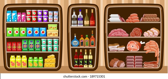 Supermarket. Shelfs with food. vector 