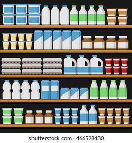Supermarket. Shelfs with Milk Products. Vector