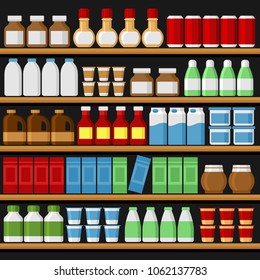 Supermarket. Shelfs Shelves with Products and Drinks. Vector