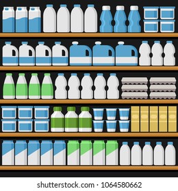 Supermarket. Shelfs Shelves with Products and Drinks. Vector