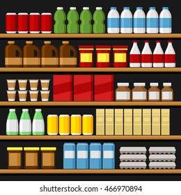 Supermarket. Shelfs Shelves with Products and Drinks. Vector